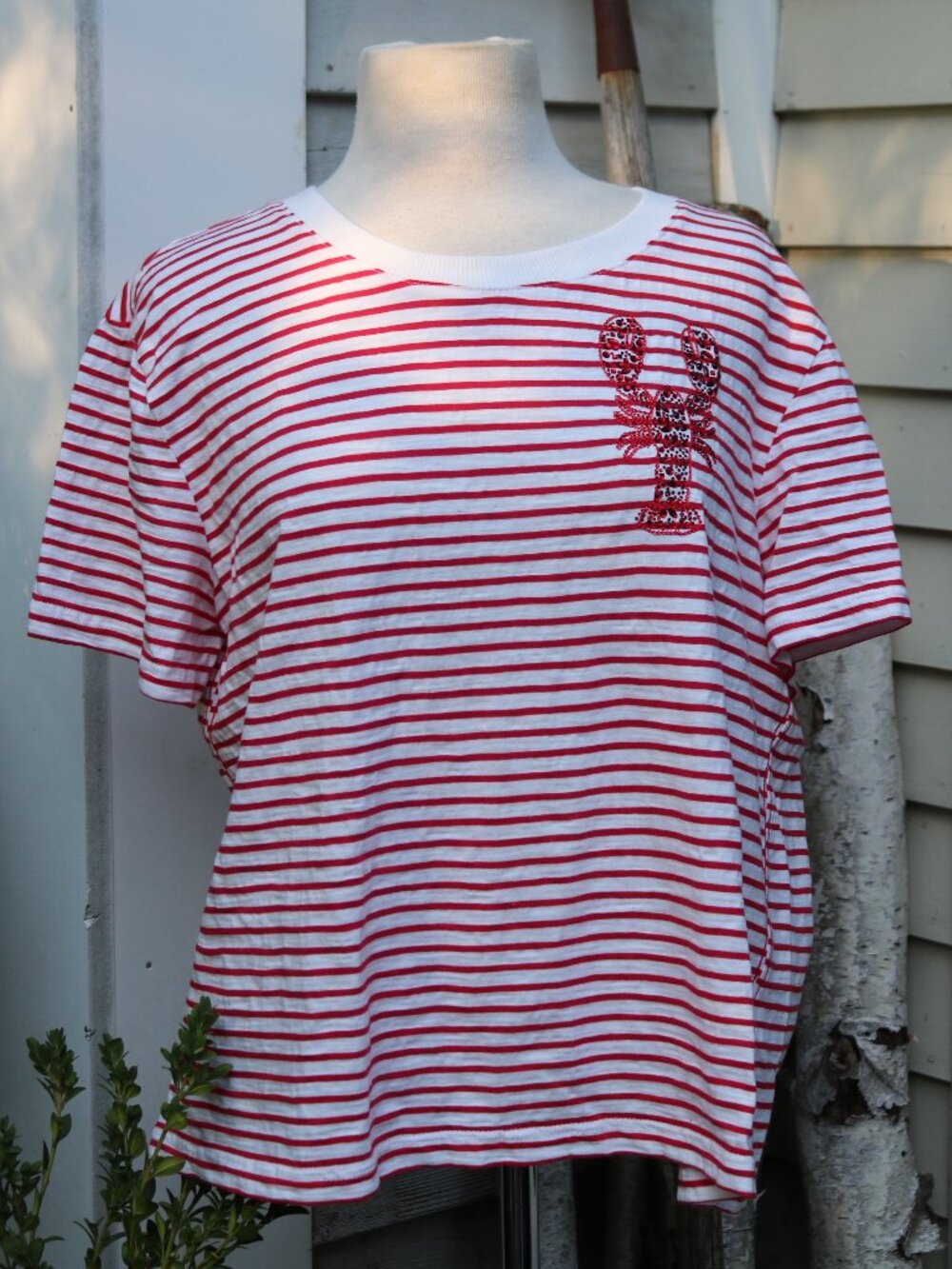 Jane & Delaney Red White Stripe w Embroidered & Beaded Lobster Cotton Tee Sz XL